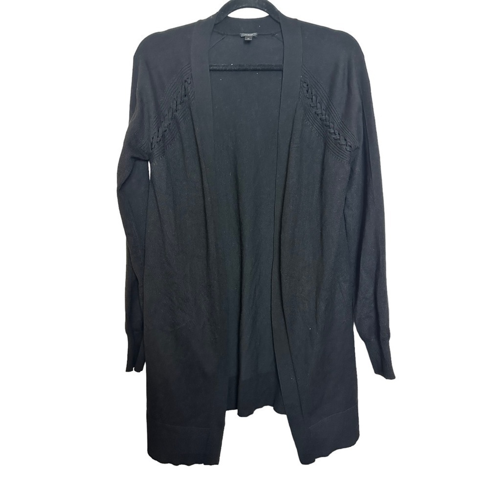 J. Crew Fine Knit Black Long Open Front Cardigan with Braided Detail